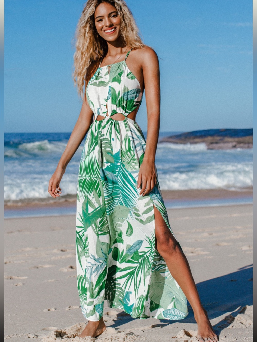NWT Cupshe Noa Leafy Cutout Gauzy Maxi Dress Tropical Leaf Halter coverup